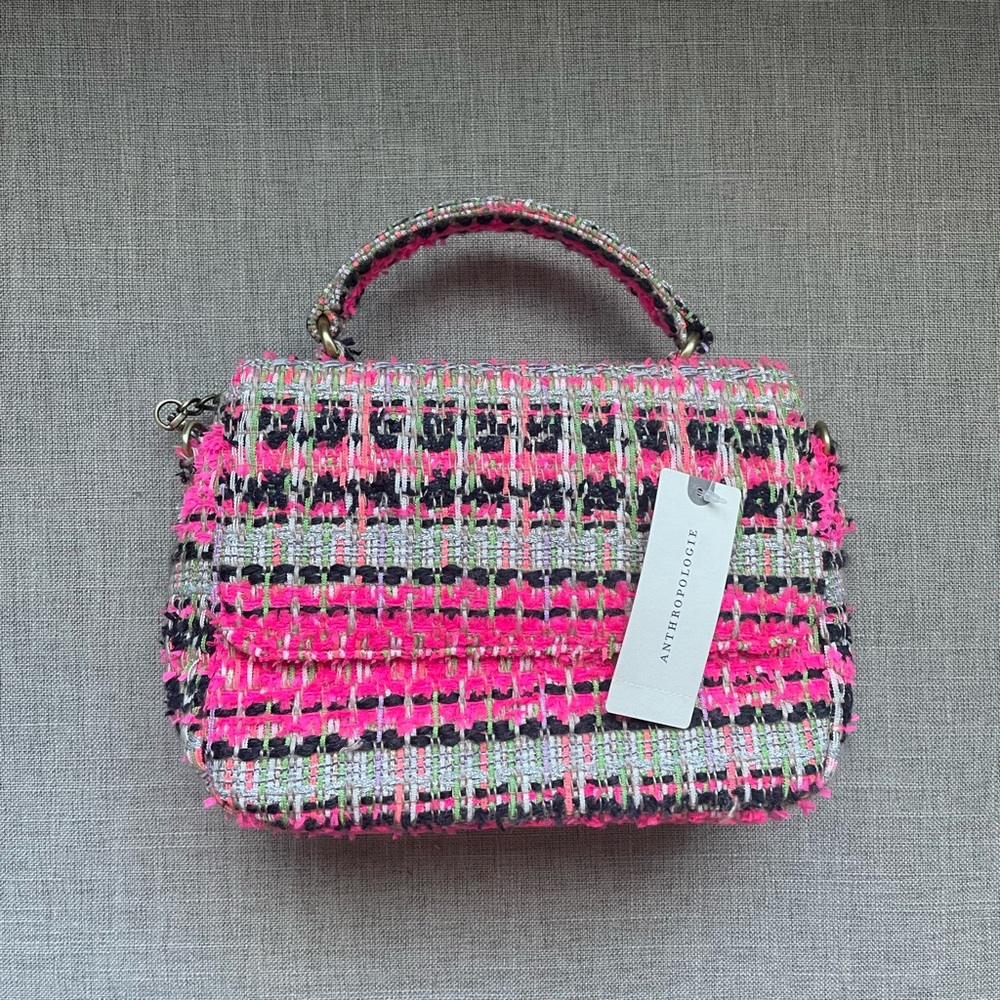 Anthropologie Neon Pink Tweed Top-Handle Satchel